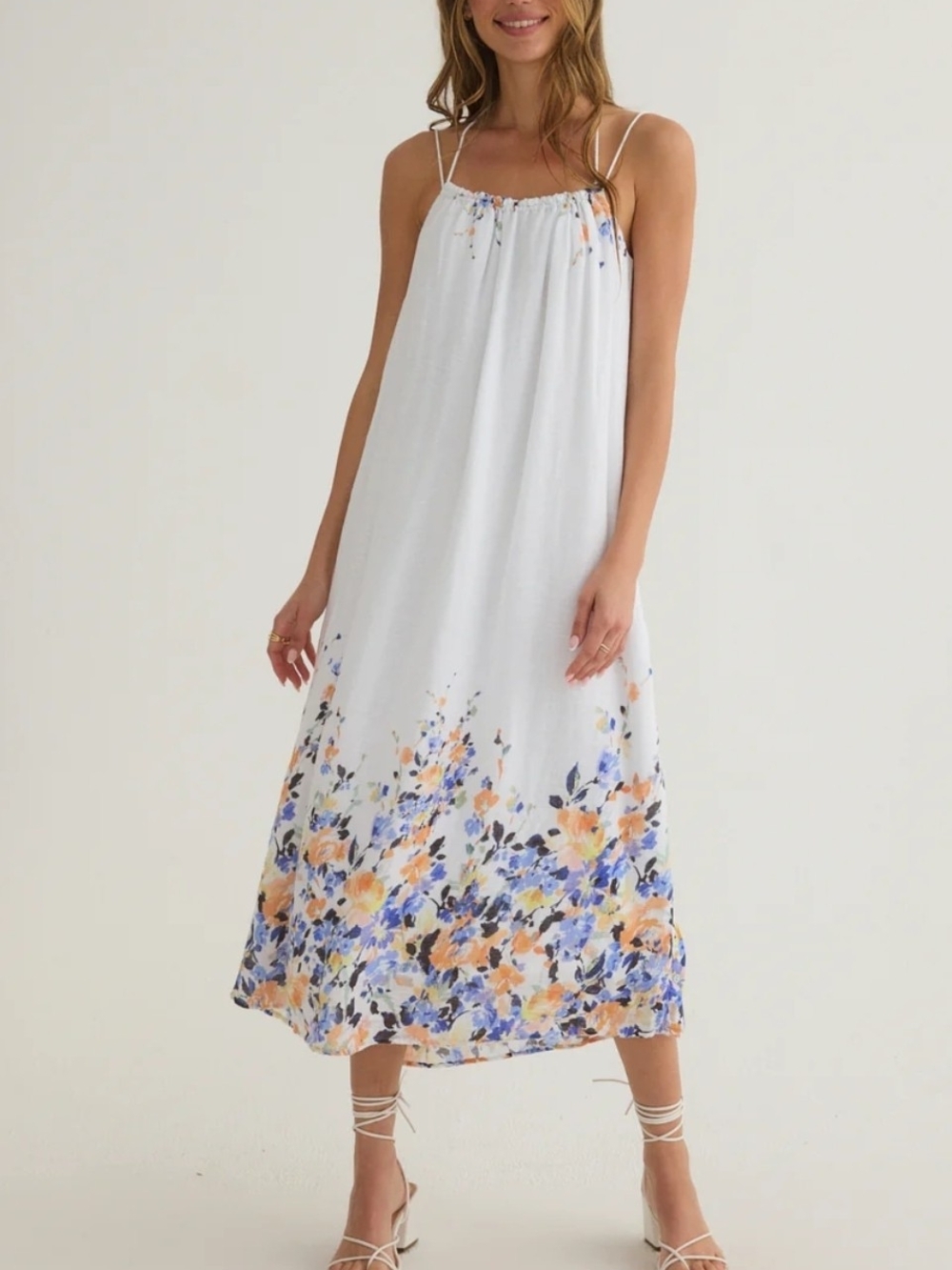 Bella Dahl White Floral Midi Dress with Blue and Orange Accents